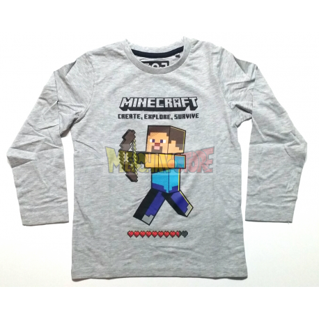 Camiseta niño manga larga Minecraft gris Steve 8 años 128cm