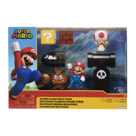 Diorama Super Mario Dehesa Bellotera con figuras Mario - Toad - Bullet Bill y Cubo Interrogante 6cm