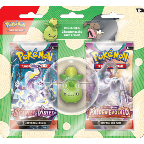 Pack de 2 sobres de cartas Pokémon Back to School + figura de goma de borrar Smoliv (inglés)