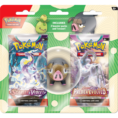 Pack de 2 sobres de cartas Pokémon Back to School + figura de goma de borrar Lechonk (inglés)