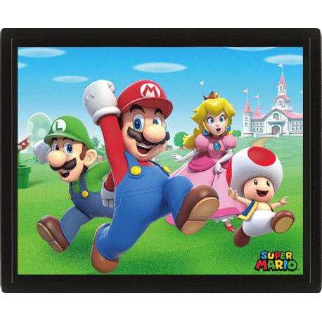 Póster 3D Super Mario - Mario, Luigi, Princesa Peach y Toad 23,5 x 28,5cm con marco
